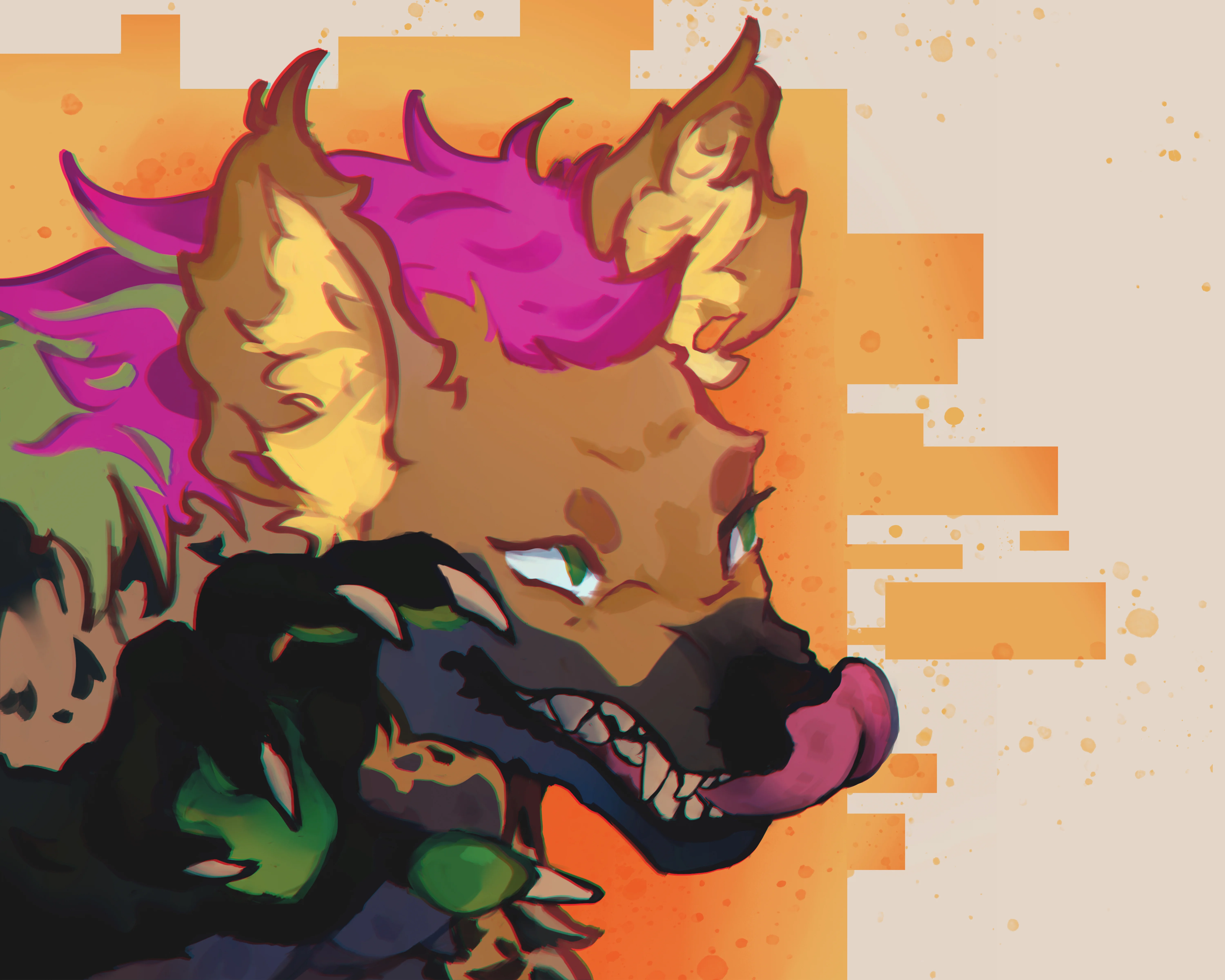 A digital drawing of a badass anthropomorphic hyena with a punk vibe. This hyena's got a wild pink mohawk, sharp chompers, and intense blue peepers. Its fur is a mix of brown and green. The background is a funky abstract mess of orange and beige, giving off a pixelated, glitchy feel.